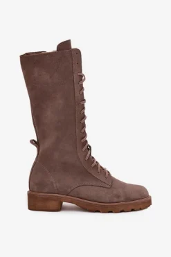 Zamszowe Botki Ze Sznurowaniem Do Połowy Łydki Zazoo 3103 Ciemnobeżowe