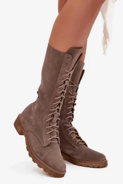 Zamszowe Botki Ze Sznurowaniem Do Połowy Łydki Zazoo 3103 Ciemnobeżowe