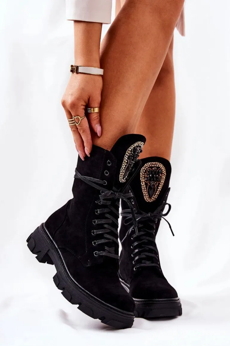 Zamszowe Botki Ze Zdobieniem Czarne Elaina