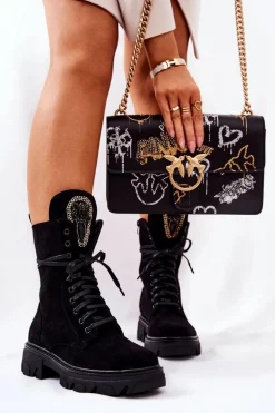 Zamszowe Botki Ze Zdobieniem Czarne Elaina