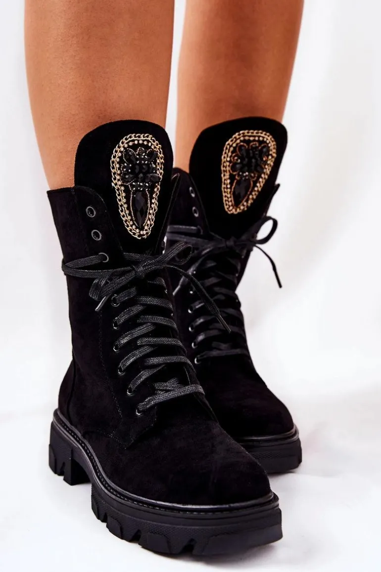 Zamszowe Botki Ze Zdobieniem Czarne Elaina