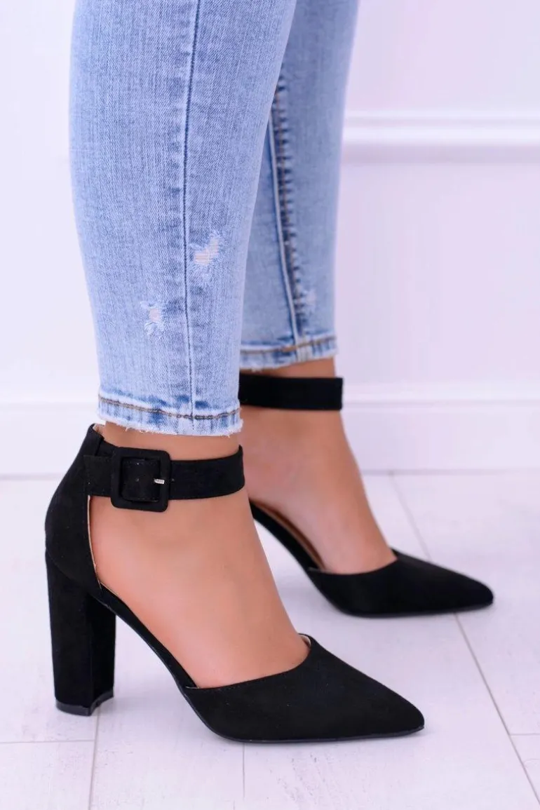 Zamszowe Czarne Czółenka na Słupku Harinta