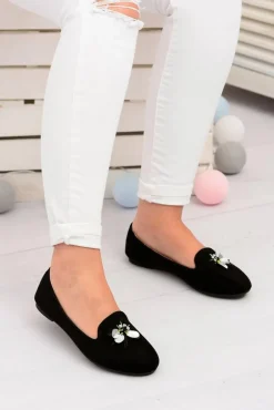 Zamszowe Czarne Damskie Balerinki Lordsy Veni