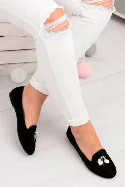 Zamszowe Czarne Damskie Balerinki Lordsy Veni