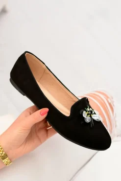 Zamszowe Czarne Damskie Balerinki Lordsy Veni
