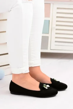 Zamszowe Czarne Damskie Balerinki Lordsy Veni