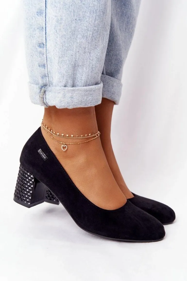 Zamszowe Czółenka Na Karbowanym Słupku Sergio Leone Czarne