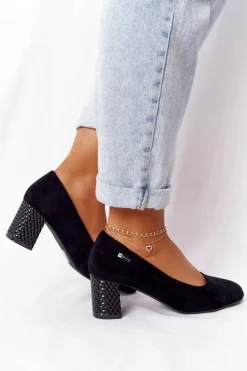 Zamszowe Czółenka Na Karbowanym Słupku Sergio Leone Czarne