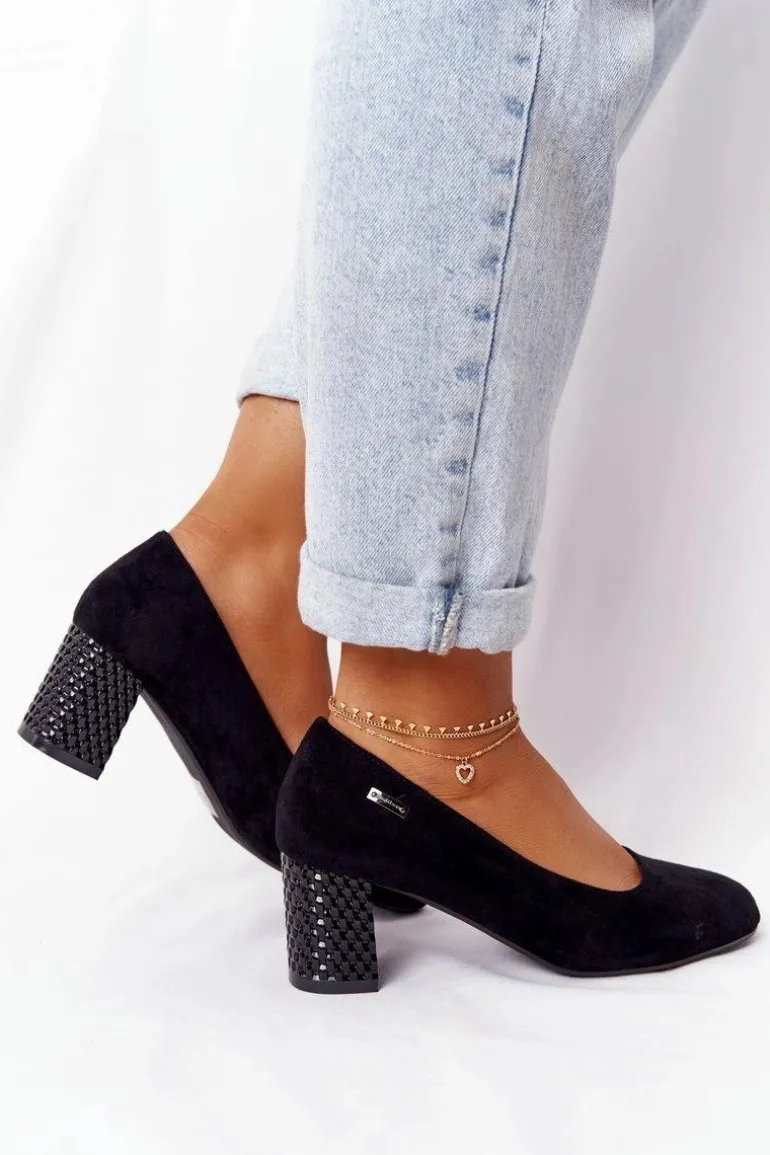 Zamszowe Czółenka Na Karbowanym Słupku Sergio Leone Czarne