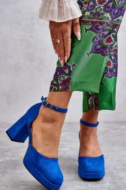 Zamszowe Czółenka Na Masywnym Obcasie I Platformie Niebieskie Diame