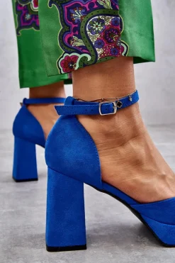 Zamszowe Czółenka Na Masywnym Obcasie I Platformie Niebieskie Diame