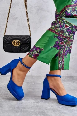 Zamszowe Czółenka Na Masywnym Obcasie I Platformie Niebieskie Diame