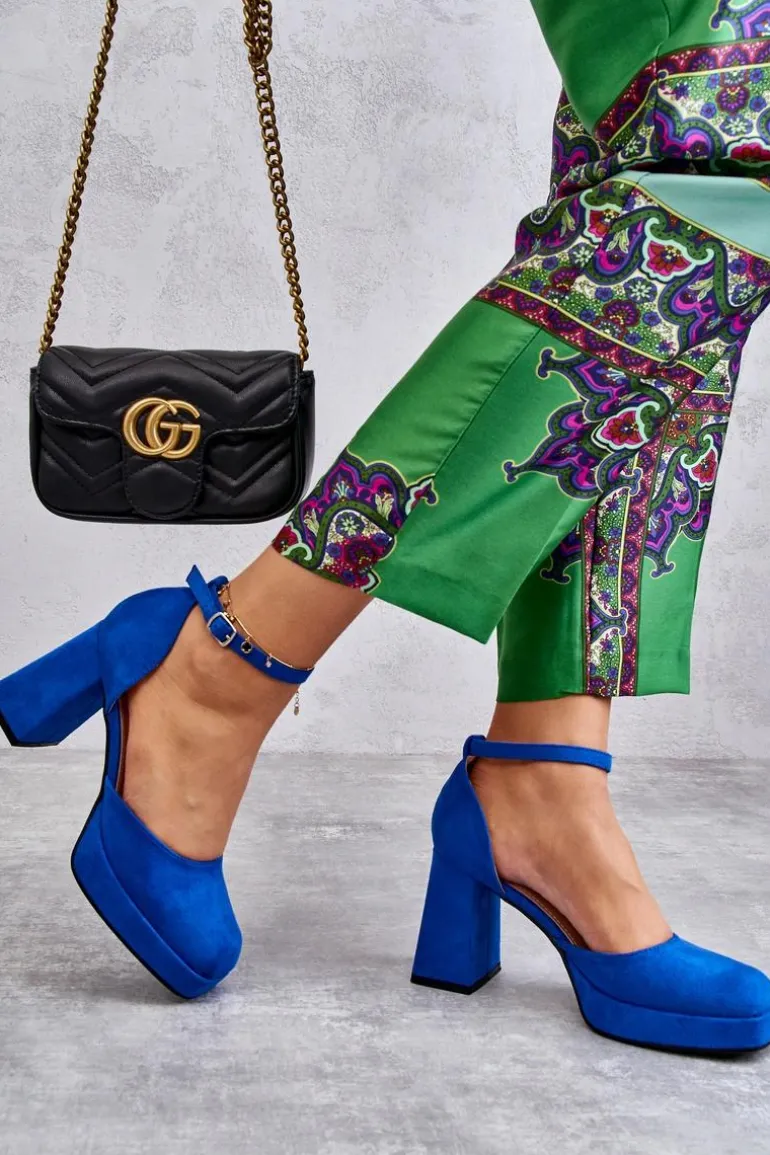 Zamszowe Czółenka Na Masywnym Obcasie I Platformie Niebieskie Diame