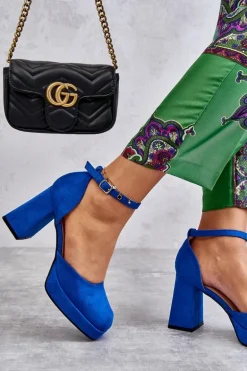 Zamszowe Czółenka Na Masywnym Obcasie I Platformie Niebieskie Diame