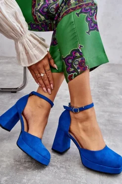 Zamszowe Czółenka Na Masywnym Obcasie I Platformie Niebieskie Diame