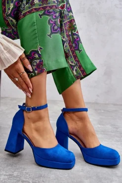 Zamszowe Czółenka Na Masywnym Obcasie I Platformie Niebieskie Diame