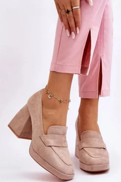 Zamszowe Czółenka Na Masywnym Obcasie I Platformie Beżowe Adriel