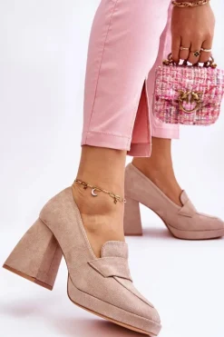Zamszowe Czółenka Na Masywnym Obcasie I Platformie Beżowe Adriel