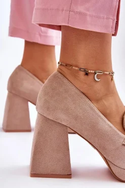 Zamszowe Czółenka Na Masywnym Obcasie I Platformie Beżowe Adriel