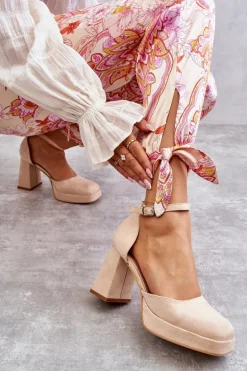 Zamszowe Czółenka Na Masywnym Obcasie I Platformie Beżowe Diame