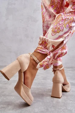 Zamszowe Czółenka Na Masywnym Obcasie I Platformie Beżowe Diame