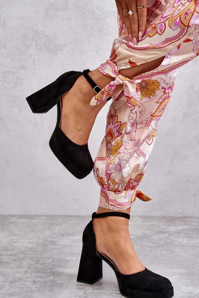 Zamszowe Czółenka Na Masywnym Obcasie I Platformie Czarne Diame