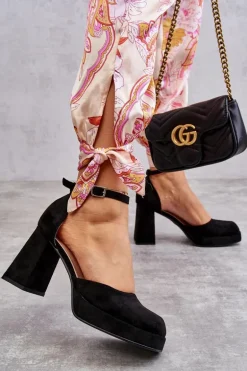 Zamszowe Czółenka Na Masywnym Obcasie I Platformie Czarne Diame