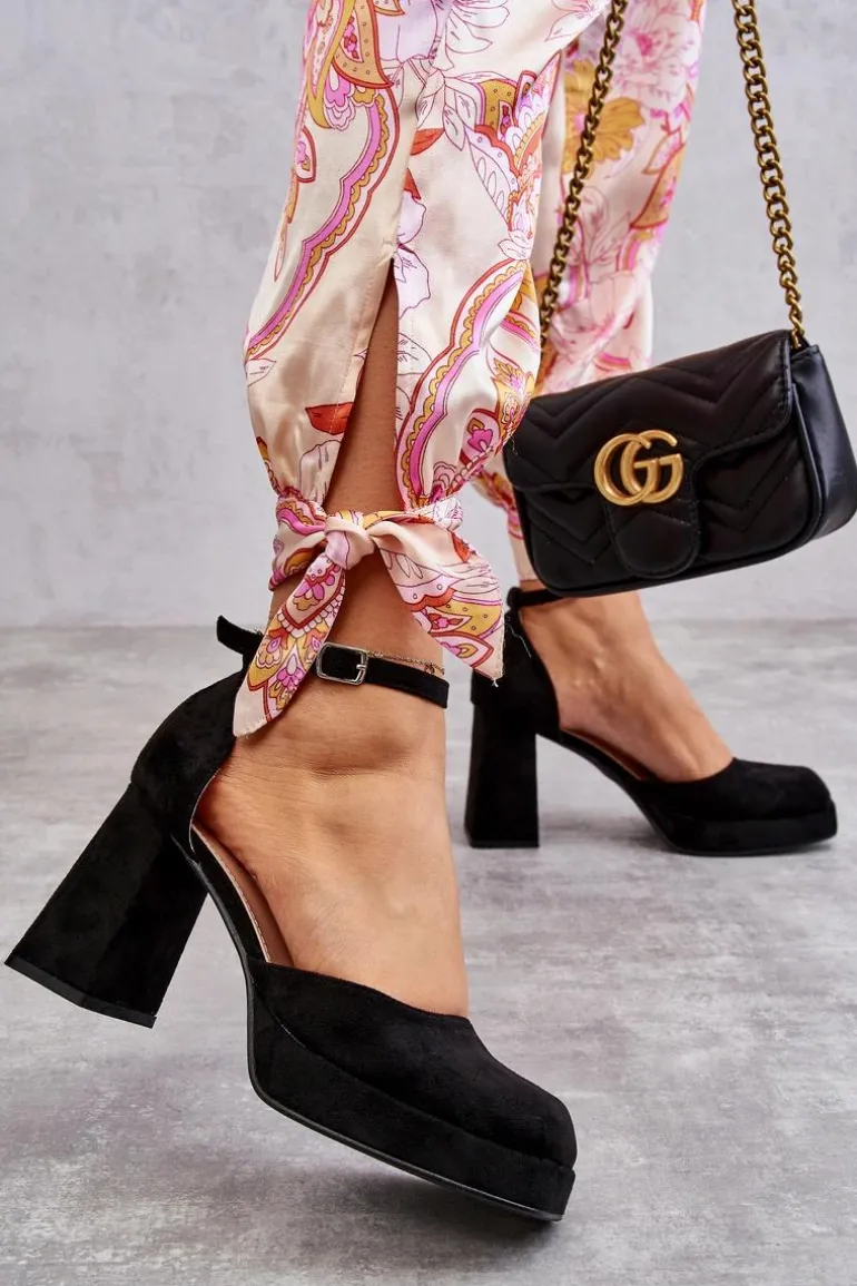 Zamszowe Czółenka Na Masywnym Obcasie I Platformie Czarne Diame