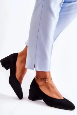 Zamszowe Czółenka Na Niskim Słupku Czarne Torino