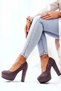 Zamszowe Czółenka Na Platformie Szare Bemiso