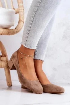 Zamszowe Czółenka Na Słupku Sergio Leone PB291 Beżowe