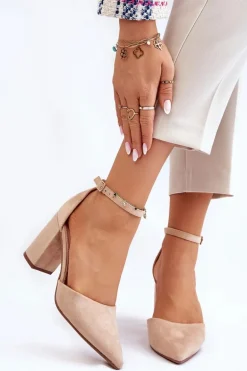 Zamszowe Czółenka Na Słupku Beżowe Lexie