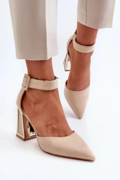 Zamszowe Czółenka Na Słupku Beżowe Lodho