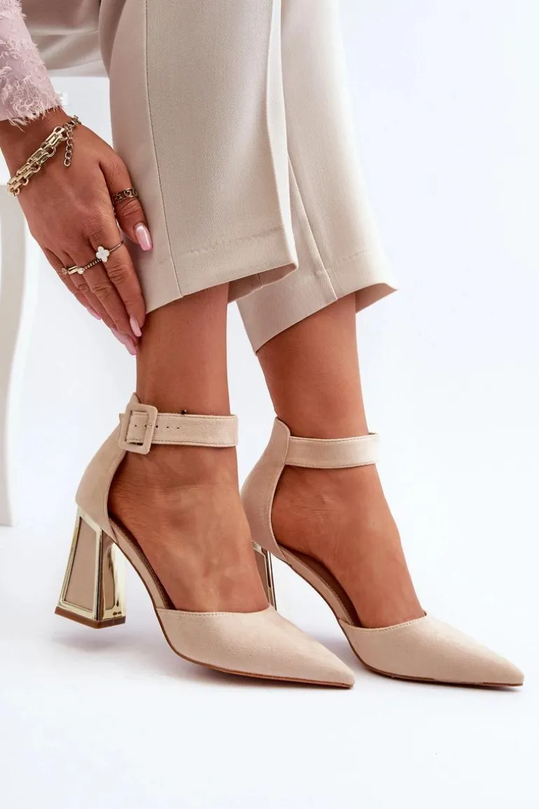 Zamszowe Czółenka Na Słupku Beżowe Lodho