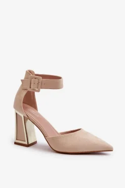 Zamszowe Czółenka Na Słupku Beżowe Lodho