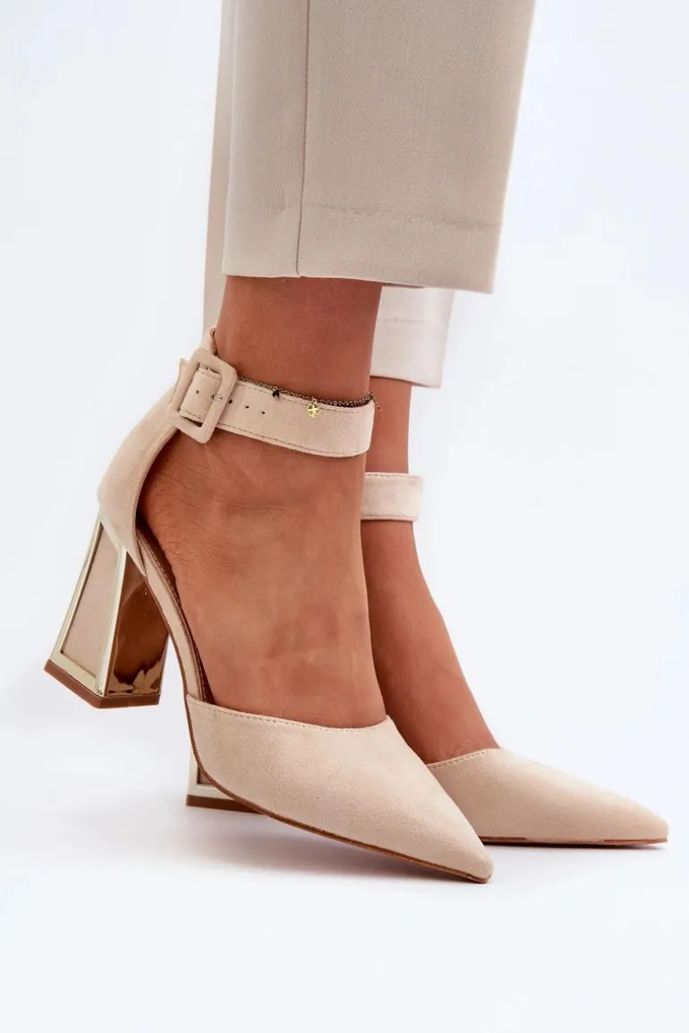 Zamszowe Czółenka Na Słupku Beżowe Lodho