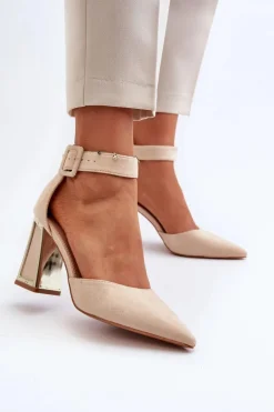 Zamszowe Czółenka Na Słupku Beżowe Lodho