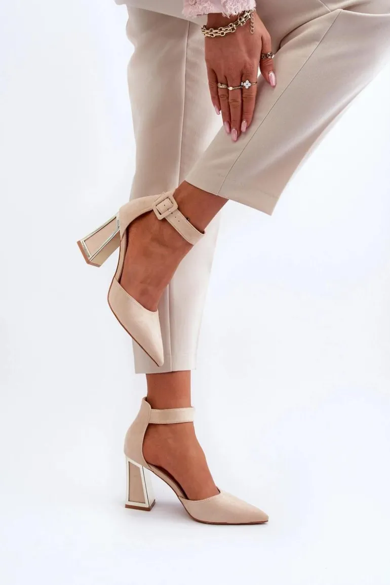 Zamszowe Czółenka Na Słupku Beżowe Lodho