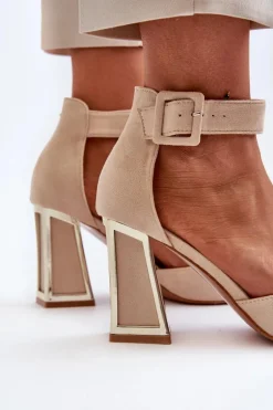 Zamszowe Czółenka Na Słupku Beżowe Lodho