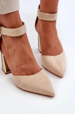 Zamszowe Czółenka Na Słupku Beżowe Lodho