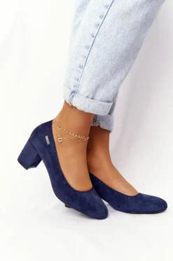 Zamszowe Czółenka Na Słupku Sergio Leone PB178 Granatowe