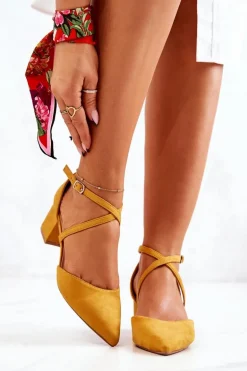 Zamszowe Czółenka Na Słupku W Szpic Żółte Shelley