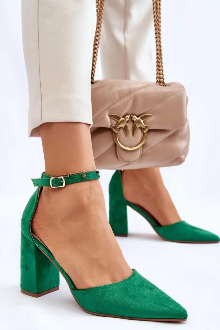 Zamszowe Czółenka Na Słupku Zielone Lexie