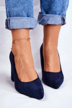 Zamszowe Czółenka Na Słupku Sergio Leone PB216 Granatowe