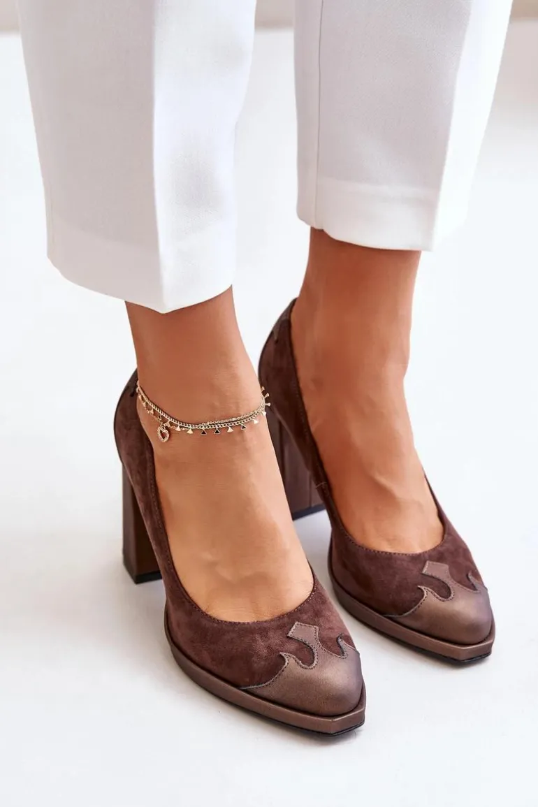 Zamszowe Czółenka Na Słupku Laura Messi 2702 Brązowe
