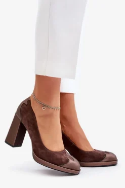 Zamszowe Czółenka Na Słupku Laura Messi 2702 Brązowe