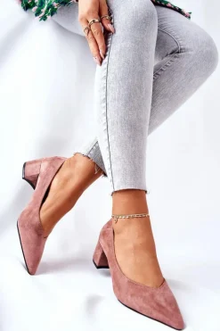 Zamszowe Czółenka Na Słupku Różowe Rossie