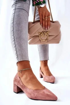 Zamszowe Czółenka Na Słupku Różowe Rossie