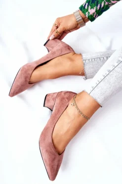 Zamszowe Czółenka Na Słupku Różowe Rossie