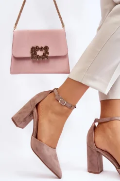 Zamszowe Czółenka Na Słupku Ciemnobeżowe Lexie